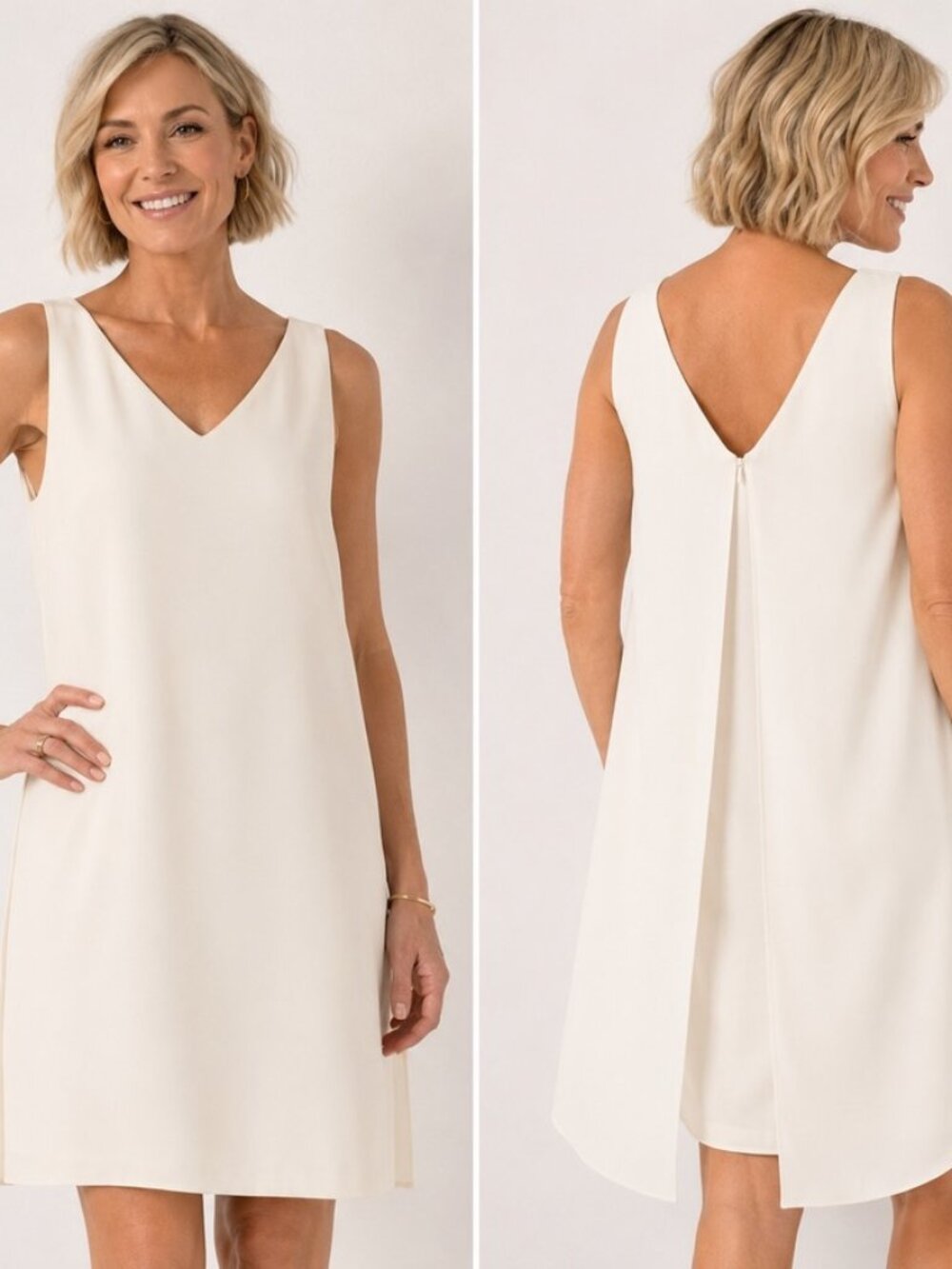 White House Black Market Ivory Sleeveless Overlay Back Dress Size 8 Elegant Flow